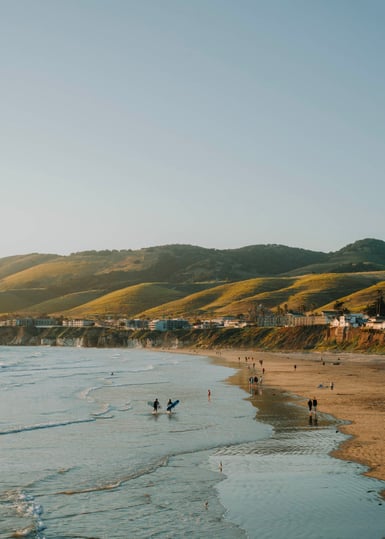 A sandy beach with small waves, several surfers wading in the shallows, a line of low houses along a bluff, and golden-green rolling hills behind under a pale sky