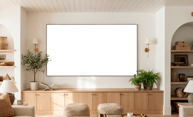 A white living room with a wood-plank ceiling, a large blank white screen mounted above a light wood cabinet run, potted olive and fern plants, wall sconces, arched shelving niches on either side, and pale upholstered stools in the foreground