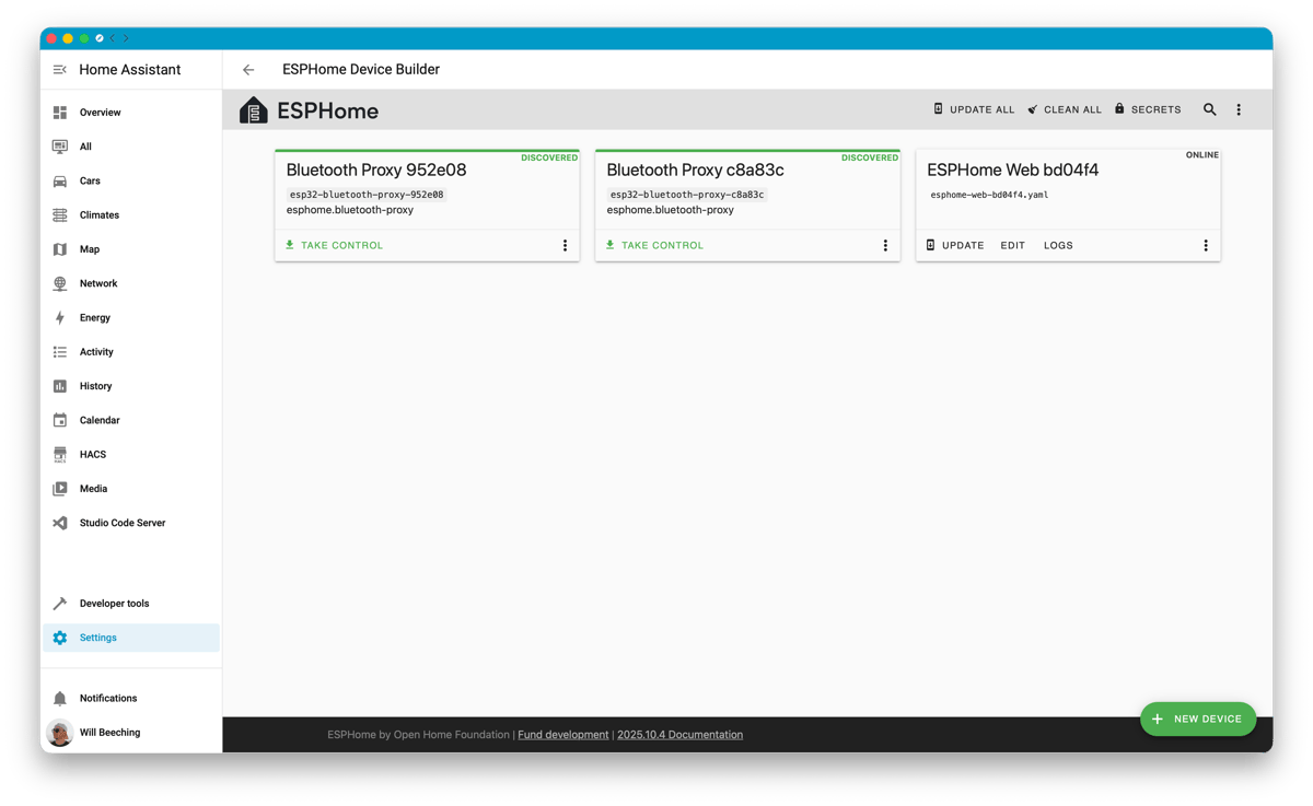 Screenshot of a Home Assistant browser window showing the ESPHome Device Builder page with three device cards: two Bluetooth proxies marked discovered and one online web device