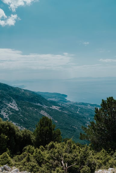 View from a high forested ridge over the Albanian Riviera coastline, with pines and scrub in the foreground, a village spread along the shore below, and hazy sea meeting distant headlands under a pale sky