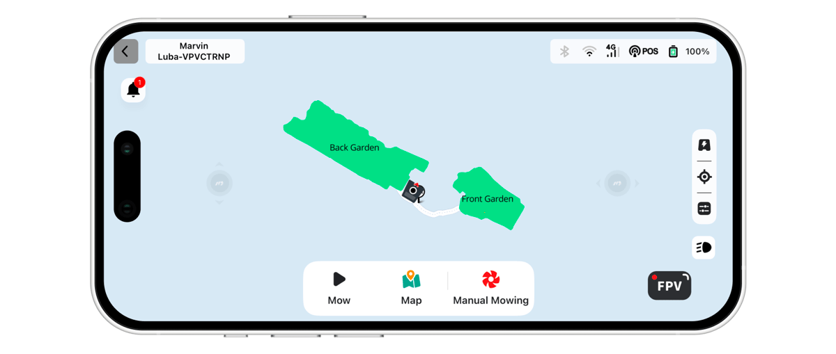 A smartphone held sideways showing the Mammotion mower app, with two green mapped zones labelled Back Garden and Front Garden, and Mow, Map and Manual Mowing buttons along the bottom