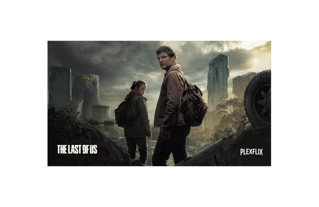 Screenshot of a widescreen media-server screensaver showing two backpacked figures on an overturned car before an overgrown city skyline, titled The Last of Us with a PLEXFLIX logo