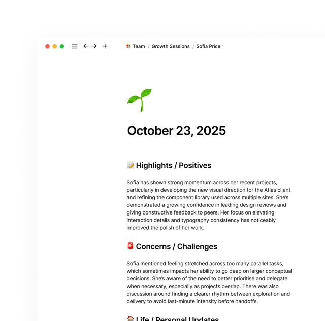 Screenshot of a browser window showing a dated meeting note titled October 23, 2025, with a seedling emoji and sections headed Highlights, Concerns and Life Updates