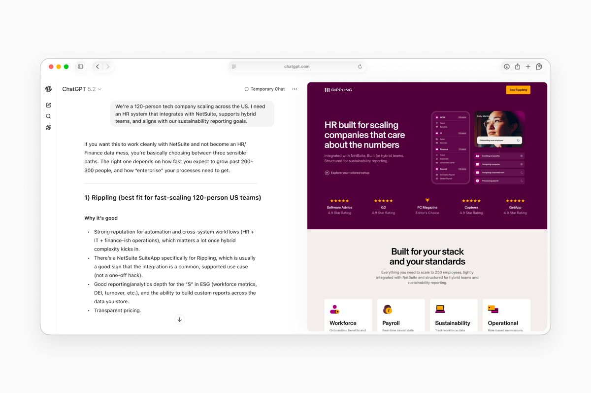 Screenshot of a browser window showing a ChatGPT conversation about HR software for a 120-person company on the left, with a purple vendor landing page open beside it on the right