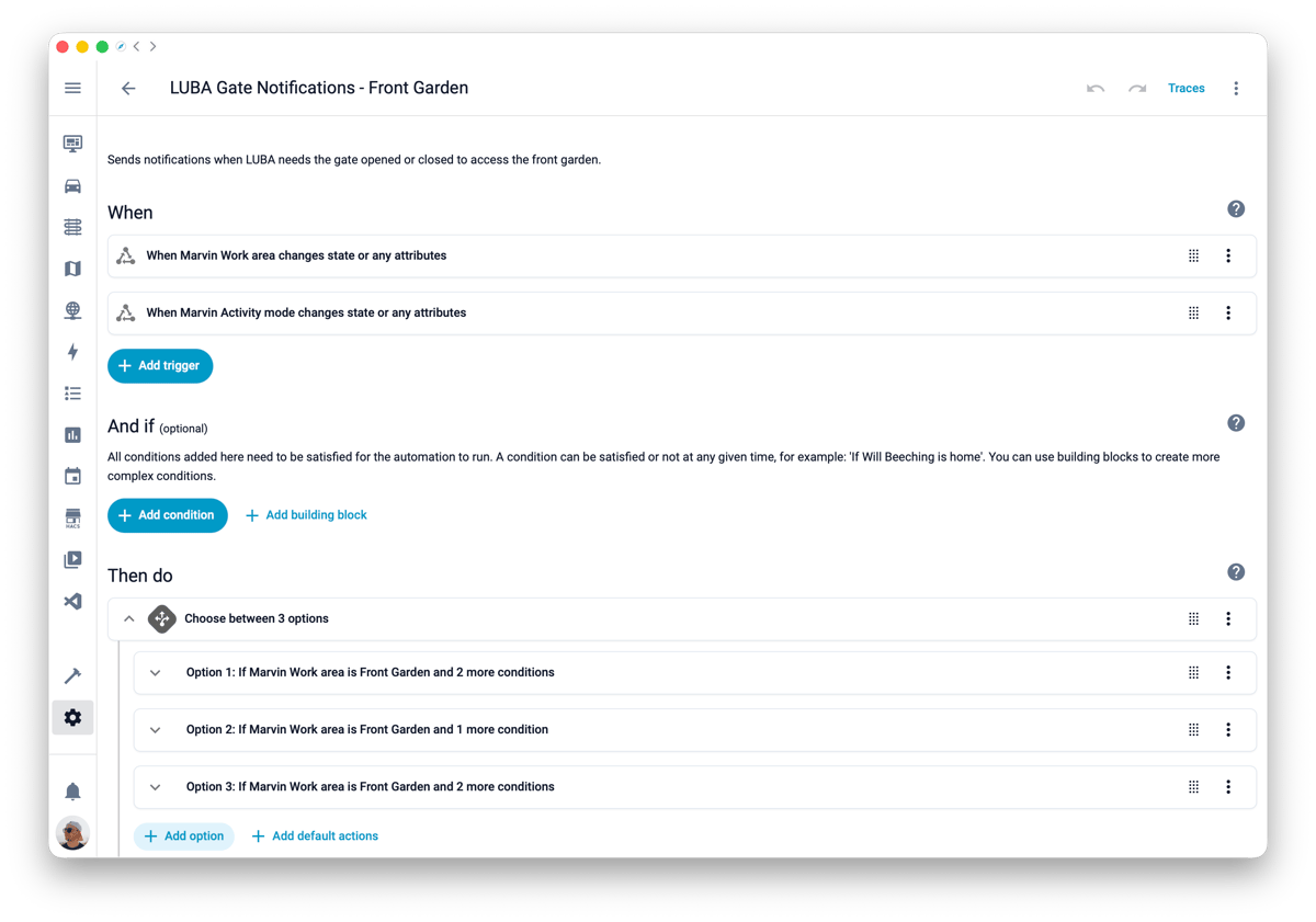 Screenshot of a Home Assistant automation editor titled "LUBA Gate Notifications - Front Garden", showing two mower triggers, an empty conditions section, and three branching options
