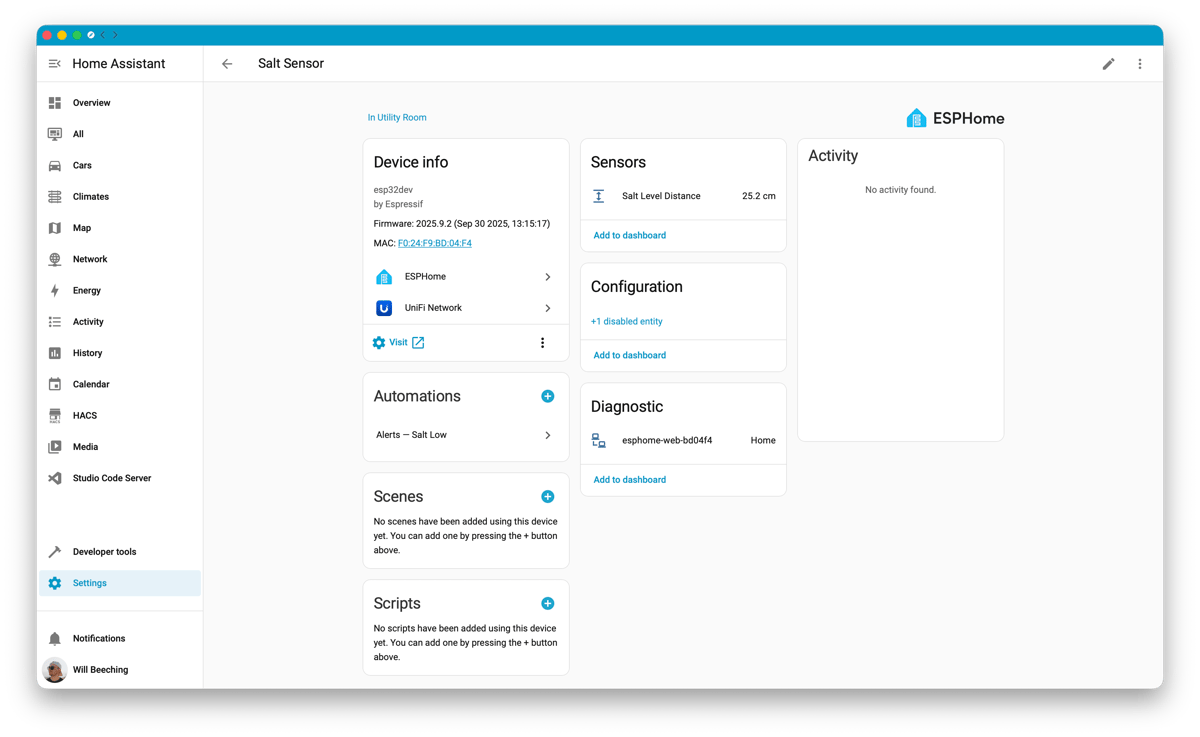Screenshot of a Home Assistant dashboard showing a device page titled Salt Sensor, with panels for device info, automations, scenes, scripts, sensors reading 25.2 cm salt level distance, configuration, diagnostic and an empty activity log