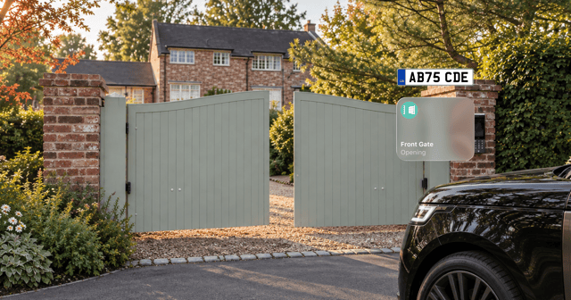 Pale green wooden driveway gates between brick pillars in front of a red-brick house, with a dark car at right and overlaid graphics showing a number plate and a "Front Gate — Opening" notification