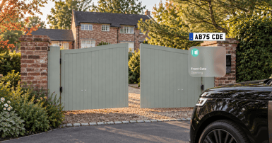 Pale green wooden driveway gates between brick pillars in front of a red-brick house, with a dark car at right and overlaid graphics showing a number plate and a "Front Gate — Opening" notification