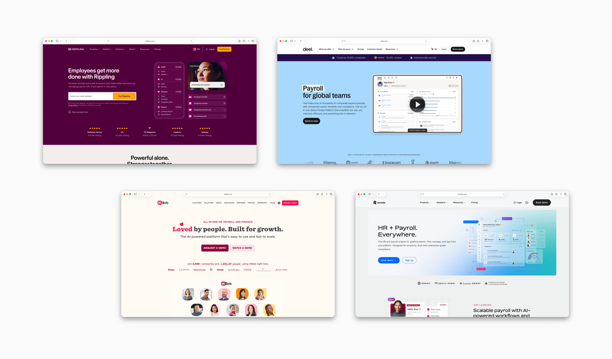 Four browser-window screenshots of HR and payroll software homepages arranged in two rows on a pale grey background, each with a headline, buttons and product screenshots in purple, blue, red and green