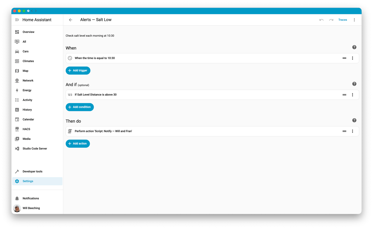 Screenshot of a Home Assistant automation editor titled Alerts – Salt Low, with a time trigger at 10:30, a salt level distance condition, and a notify action