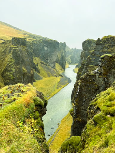 A moss-covered canyon in Iceland with steep grey rock walls dropping to a pale river winding along the flat green floor, under a white overcast sky, with small wooden fence posts on the grassy clifftop in the foreground