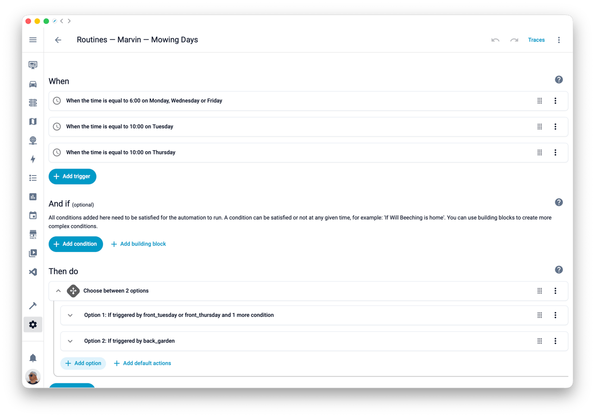 Screenshot of a browser window showing a home automation routine named Mowing Days, with three time triggers on Monday, Wednesday, Friday, Tuesday and Thursday, and branching actions below