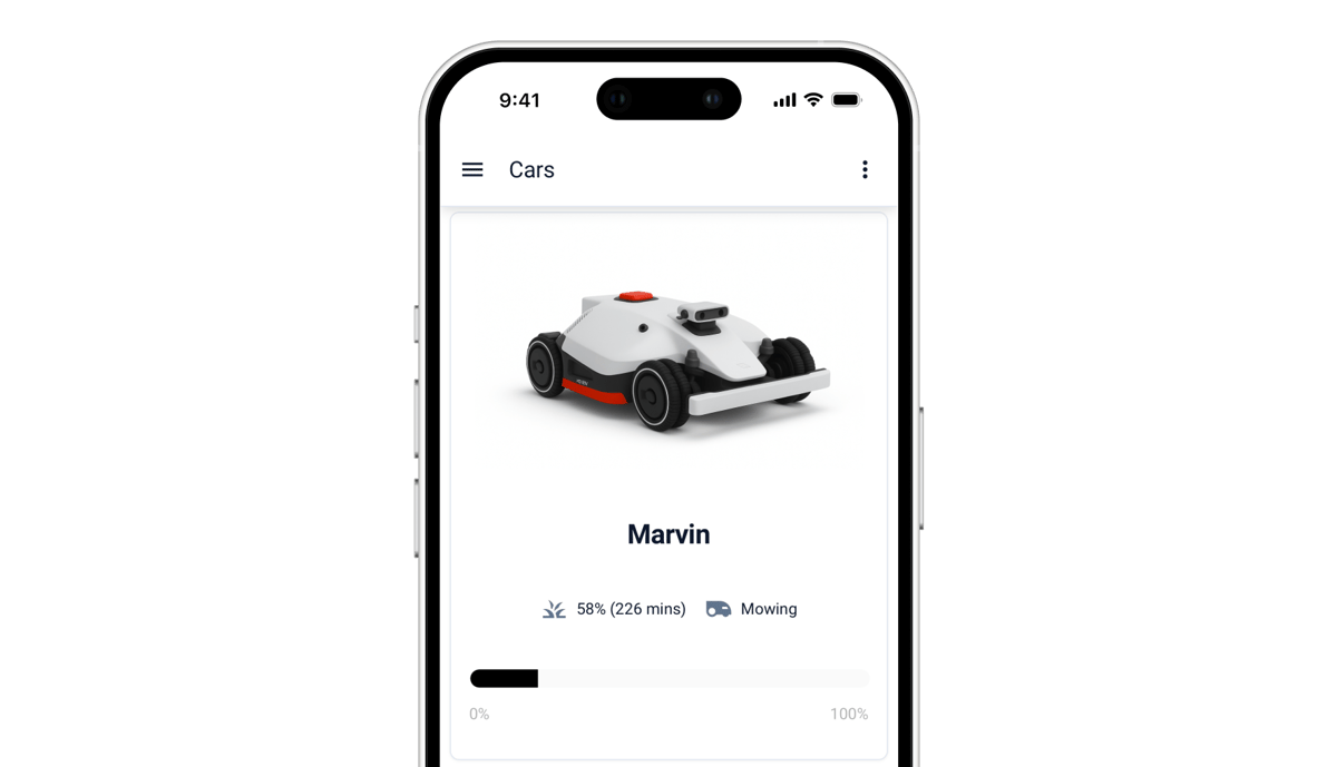 A smartphone screen shows an app page titled Cars with a white and black robot lawn mower named Marvin, listed at 58 percent, 226 minutes, mowing
