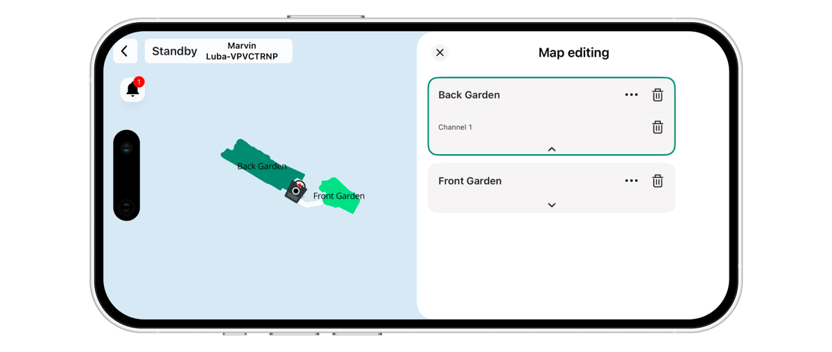 A smartphone held horizontally shows a robot mower app: a pale blue map with two green mapped lawn areas labelled Back Garden and Front Garden on the left, and a Map editing list with those same two zones on the right